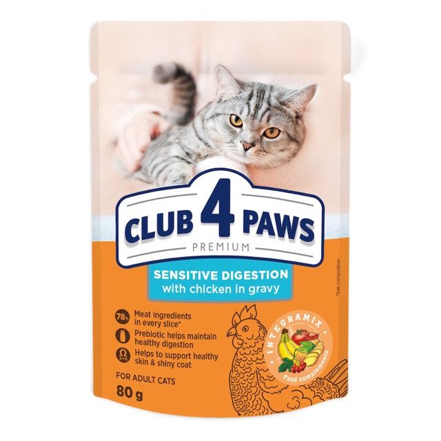 Club 4 Paws Вологий корм для дорослих кішок з чутливим травленням, з куркою у соусі 80 г