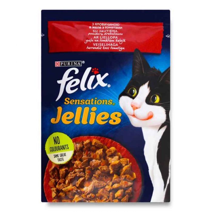 Felix Sensations Jellies Вологий корм для кішок з яловичиною та томатами в желе 85 г