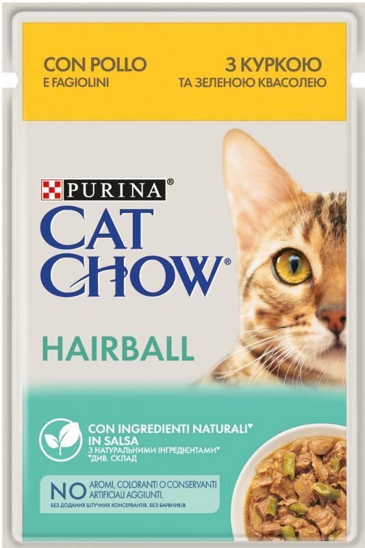 Purina Cat Chow Hairball Вологий корм для кішок виведення шерсті з куркою та зеленою квасолею в желе 85 г