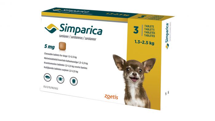 Simparica (Симпарика) Таблетки от блох и клещей для собак весом от 1,3 до 2,5 кг