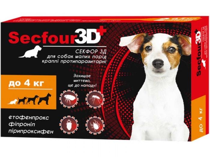 Secfour 3D Краплі від бліх та кліщів для собак вагою до 4 кг