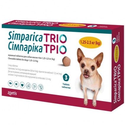 Таблетки Симпарика ТРИО от блох, клещей и гельминтов для собак от 1,3 до 2,5кг, 5мг/1табл.